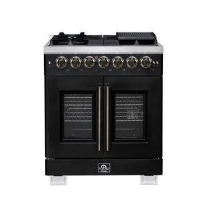 FORNO Capriasca 30" 4.32 cu. ft. French Door Dual Fuel Range with 5 Brass Burners, Air Fryer Kit, Rotisserie Kit, Wok Support & Griddle in Black with Antique Brass Accents, FFSGS6387-30BLK