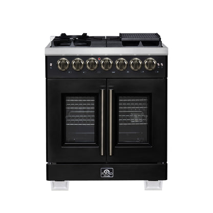 FORNO Capriasca 30" 4.32 cu. ft. French Door Dual Fuel Range with 5 Brass Burners, Air Fryer Kit, Rotisserie Kit, Wok Support & Griddle in Black with Antique Brass Accents, FFSGS6387-30BLK