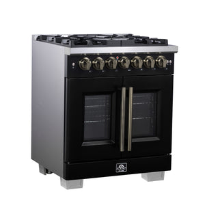FORNO Capriasca 30" 4.32 cu. ft. French Door Dual Fuel Range with 5 Brass Burners, Air Fryer Kit, Rotisserie Kit, Wok Support & Griddle in Black with Antique Brass Accents, FFSGS6387-30BLK