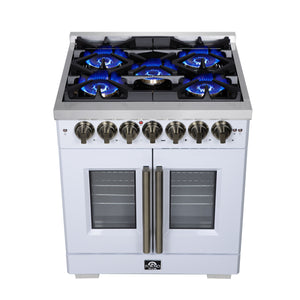 FORNO Capriasca 30" 4.32 cu. ft. French Door Dual Fuel Range with 5 Brass Burners, Air Fryer Kit, Rotisserie Kit, Wok Support & Griddle in White with Antique Brass Accents, FFSGS6387-30WHT