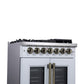 FORNO Capriasca 30" 4.32 cu. ft. French Door Dual Fuel Range with 5 Brass Burners, Air Fryer Kit, Rotisserie Kit, Wok Support & Griddle in White with Antique Brass Accents, FFSGS6387-30WHT