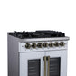 FORNO Capriasca 30" 4.32 cu. ft. French Door Dual Fuel Range with 5 Brass Burners, Air Fryer Kit, Rotisserie Kit, Wok Support & Griddle in White with Antique Brass Accents, FFSGS6387-30WHT
