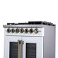 FORNO Capriasca 30" 4.32 cu. ft. French Door Dual Fuel Range with 5 Brass Burners, Air Fryer Kit, Rotisserie Kit, Wok Support & Griddle in White with Antique Brass Accents, FFSGS6387-30WHT