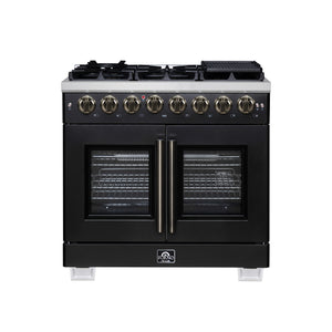 FORNO Capriasca 36" 5.36 cu. ft. Dual Fuel Range with 6 Brass Burners, Air Fryer Kit, Rotisserie Kit, Wok Support & Griddle in Black with Antique Brass Accents, FFSGS6387-36BLK