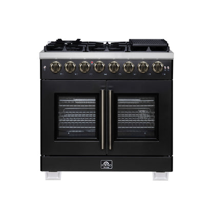 FORNO Capriasca 36" 5.36 cu. ft. Dual Fuel Range with 6 Brass Burners, Air Fryer Kit, Rotisserie Kit, Wok Support & Griddle in Black with Antique Brass Accents, FFSGS6387-36BLK