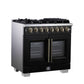 FORNO Capriasca 36" 5.36 cu. ft. Dual Fuel Range with 6 Brass Burners, Air Fryer Kit, Rotisserie Kit, Wok Support & Griddle in Black with Antique Brass Accents, FFSGS6387-36BLK