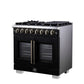 FORNO Capriasca 36" 5.36 cu. ft. Dual Fuel Range with 6 Brass Burners, Air Fryer Kit, Rotisserie Kit, Wok Support & Griddle in Black with Antique Brass Accents, FFSGS6387-36BLK