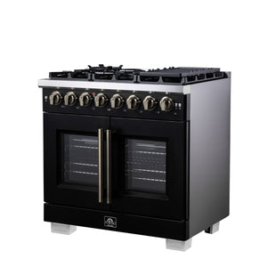 FORNO Capriasca 36" 5.36 cu. ft. Dual Fuel Range with 6 Brass Burners, Air Fryer Kit, Rotisserie Kit, Wok Support & Griddle in Black with Antique Brass Accents, FFSGS6387-36BLK