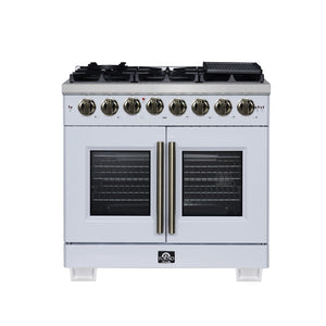 FORNO Capriasca 36" 5.36 cu. ft. Dual Fuel Range with 6 Brass Burners, Air Fryer Kit, Rotisserie Kit, Wok Support & Griddle in White with Antique Brass Accents, FFSGS6387-36WHT