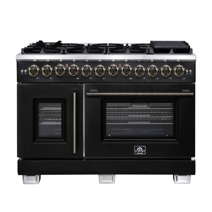 FORNO Capriasca 48" 6.58 cu. ft. Dual Fuel Range with 8 Brass Burners, Air Fryer Kit, Rotisserie Kit, Wok Support & Griddle in Black with Antique Brass Accents, FFSGS6387-48BLK