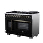 FORNO Capriasca 48" 6.58 cu. ft. Dual Fuel Range with 8 Brass Burners, Air Fryer Kit, Rotisserie Kit, Wok Support & Griddle in Black with Antique Brass Accents, FFSGS6387-48BLK