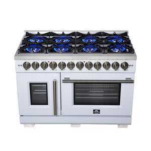 FORNO Capriasca 48" 6.58 cu. ft. Dual Fuel Range with 8 Brass Burners, Air Fryer Kit, Rotisserie Kit, Wok Support & Griddle in White with Antique Brass Accents, FFSGS6387-48WHT
