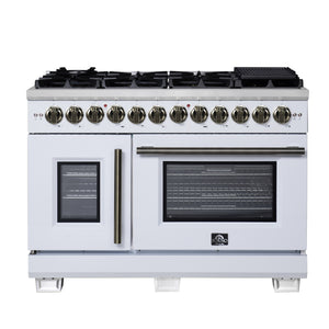 FORNO Capriasca 48" 6.58 cu. ft. Dual Fuel Range with 8 Brass Burners, Air Fryer Kit, Rotisserie Kit, Wok Support & Griddle in White with Antique Brass Accents, FFSGS6387-48WHT
