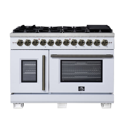 FORNO Capriasca 48" 6.58 cu. ft. Dual Fuel Range with 8 Brass Burners, Air Fryer Kit, Rotisserie Kit, Wok Support & Griddle in White with Antique Brass Accents, FFSGS6387-48WHT