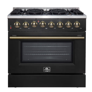 FORNO Appliance Package - 36" Dual Fuel Range, Range Hood, Microwave in Black with Antique Brass Accents