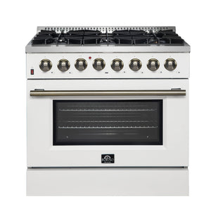 FORNO Appliance Package - 36" Dual Fuel Range, 60" Refrigerator, Microwave in White with Antique Brass Accents