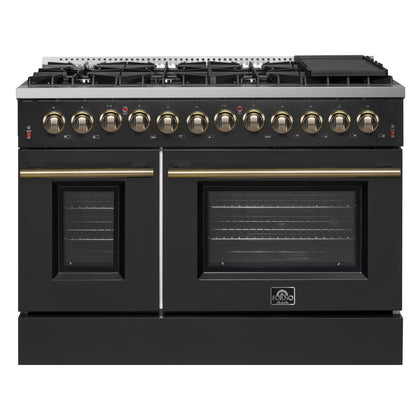 FORNO Galiano 48" 6.58 cu. ft. Dual Fuel Range with 8 Sealed Burners and Griddle in Black with Antique Brass Accents, FFSGS6156-48BLK