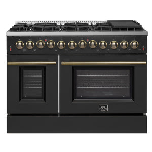 FORNO Appliance Package - 48" Dual Fuel Range, Range Hood, 60" Refrigerator in Black with Antique Brass Accents
