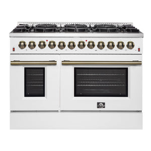 FORNO Appliance Package - 48" Dual Fuel Range, Range Hood, 60" Refrigerator, Microwave in White with Antique Brass Accents