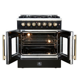 FORNO Galiano 30" 4.32 cu. ft. French Door Dual Fuel Range with 5 Sealed Burners in Black with Antique Brass Accents, FFSGS6356-30BLK