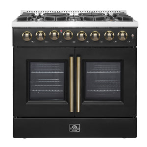 FORNO Galiano 36" 5.36 cu. ft. French Door Dual Fuel Range with 6 Sealed Burners in Black with Antique Brass Accents, FFSGS6356-36BLK