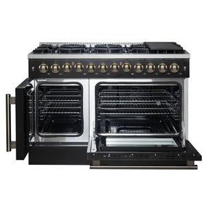FORNO Galiano 48" 6.58 cu. ft. French Door Dual Fuel Range with 8 Sealed Burners and Griddle in Black with Antique Brass Accents, FFSGS6356-48BLK