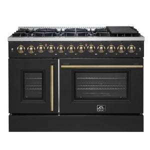 FORNO Galiano 48" 6.58 cu. ft. French Door Dual Fuel Range with 8 Sealed Burners and Griddle in Black with Antique Brass Accents, FFSGS6356-48BLK