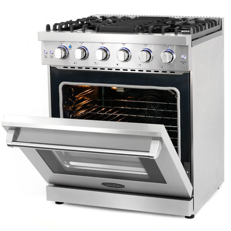 Cosmo Package - 30" Gas Range, Wall Mount Range Hood, Dishwasher, Refrigerator with Ice Maker and Wine Cooler, COS-5PKG-196