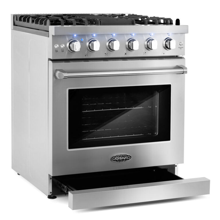 Cosmo Package - 30" Gas Range, Wall Mount Range Hood, Dishwasher, Refrigerator with Ice Maker and Wine Cooler, COS-5PKG-200