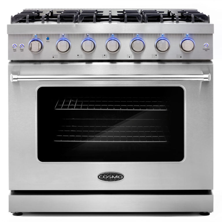 Cosmo Package - 36" Gas Range, Wall Mount Range Hood, Refrigerator with Ice Maker and Dishwasher, COS-4PKG-108
