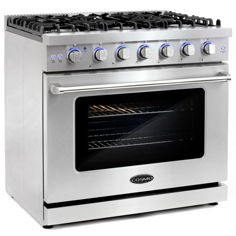 Cosmo Package - 36" Gas Range, Wall Mount Range Hood, Dishwasher, Refrigerator with Ice Maker and Wine Cooler, COS-5PKG-207
