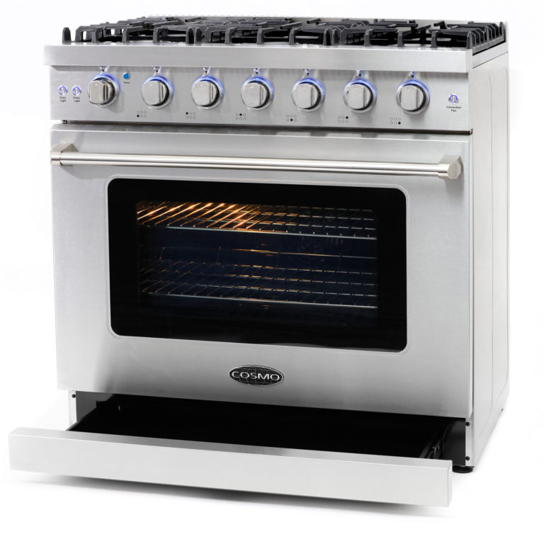 Cosmo Package - 36" Gas Range, Wall Mount Range Hood, Refrigerator with Ice Maker and Dishwasher, COS-4PKG-245