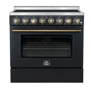 FORNO Paolo 36" 5.44 cu. ft. Freestanding Electric Range with True Convection Oven in Black with Antique Brass Accents, FFSEL6011-36BLK