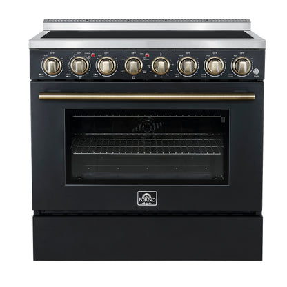 FORNO Paolo 36" 5.44 cu. ft. Freestanding Electric Range with True Convection Oven in Black with Antique Brass Accents, FFSEL6011-36BLK