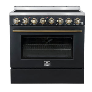 FORNO Appliance Package - 36" Electric Range, Dishwasher, Microwave in Black with Antique Brass Accents