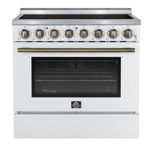 FORNO Appliance Package - 36" Electric Range, Range Hood, 36" Refrigerator, Dishwasher, Microwave in White with Antique Brass Accents