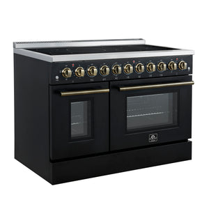 FORNO Paolo 48" 6.7 cu. ft. Freestanding Electric Range with True Convection Oven in Black with Antique Brass Accents, FFSEL6011-48BLK