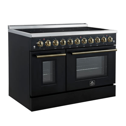 FORNO Paolo 48" 6.7 cu. ft. Freestanding Electric Range with True Convection Oven in Black with Antique Brass Accents, FFSEL6011-48BLK