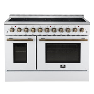 FORNO Appliance Package - 48" Electric Range, 60" Refrigerator, Dishwasher, Microwave in White with Antique Brass Accents