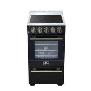FORNO Pallerno 20" 2.05 cu.ft. Freestanding Electric Range with 4 Elements and Storage Drawer in Black with Antique Brass Accents, FFSEL6052-20BLK