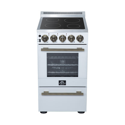 FORNO Pallerno 20" 2.05 cu.ft. Freestanding Electric Range with 4 Elements and Storage Drawer in White with Antique Brass Accents, FFSEL6052-20WHT