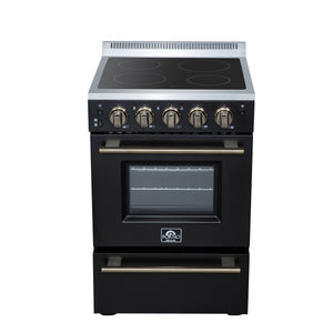 FORNO Loiano 24" 2.3 cu. ft. Freestanding Electric Range with 4 Element Burners, Storage Drawer and Air Fryer Kit in Black with Antique Brass Accents, FFSEL6069-24BLK