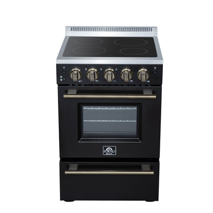 FORNO Loiano 24" 2.3 cu. ft. Freestanding Electric Range with 4 Element Burners, Storage Drawer and Air Fryer Kit in Black with Antique Brass Accents, FFSEL6069-24BLK
