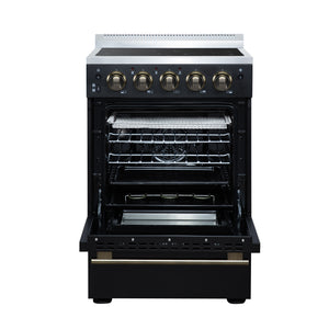FORNO Loiano 24" 2.3 cu. ft. Freestanding Electric Range with 4 Element Burners, Storage Drawer and Air Fryer Kit in Black with Antique Brass Accents, FFSEL6069-24BLK