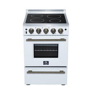 FORNO Loiano 24" 2.3 cu. ft. Freestanding Electric Range with 4 Element Burners, Storage Drawer and Air Fryer Kit in White with Antique Brass Accents, FFSEL6069-24WHT