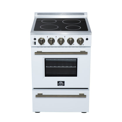 FORNO Loiano 24" 2.3 cu. ft. Freestanding Electric Range with 4 Element Burners, Storage Drawer and Air Fryer Kit in White with Antique Brass Accents, FFSEL6069-24WHT