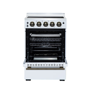 FORNO Loiano 24" 2.3 cu. ft. Freestanding Electric Range with 4 Element Burners, Storage Drawer and Air Fryer Kit in White with Antique Brass Accents, FFSEL6069-24WHT