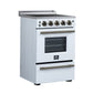 FORNO Loiano 24" 2.3 cu. ft. Freestanding Electric Range with 4 Element Burners, Storage Drawer and Air Fryer Kit in White with Antique Brass Accents, FFSEL6069-24WHT