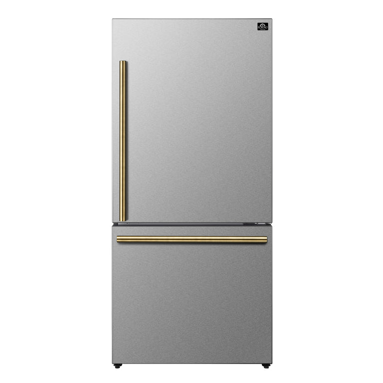 Forno Espresso Package - 30" Electric Range and Refrigerator in Stainless Steel with Antique Brass Handles, AP-FFSEL6012-30-A-A10