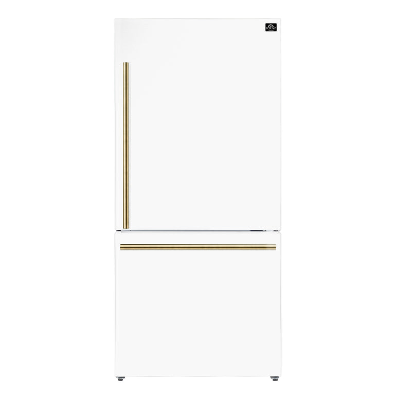 Forno Espresso Package - 30" Electric Range and Refrigerator in White with Antique Brass Handles, AP-FFSEL6012-30WHT-A-A12